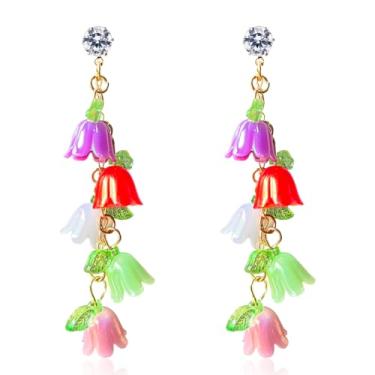 Imagem de QUPENGXU Brincos femininos pendentes de flor longa rosa para o verão, refrescante, folha de cerejeira, brincos de fada à beira-mar, brincos de férias idílicos, trumpet, Acrílico, Sem pedra preciosa