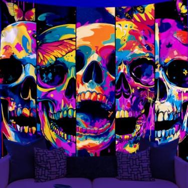 Imagem de WEBEEDY Tapeçaria UV reativa caveira borboleta trippy luz negra neon arte esqueleto decoração de parede para quarto, festa de terror brilha no escuro tapeçaria estética decoração de parede (150 x 129