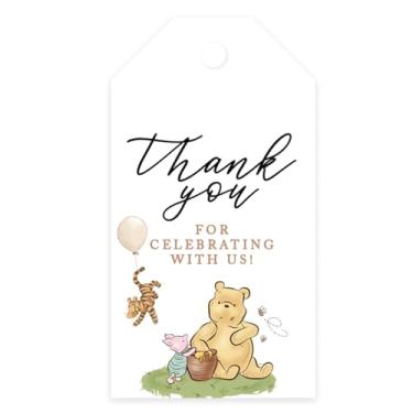 Imagem de Andaz Press Decorações clássicas de chá de bebê Ursinho Pooh 5 x 9 cm Urso Pooh e Amigos Obrigado por celebrar conosco Etiquetas com cordão de etiquetas de chá de bebê para decorações de ursinho Pooh
