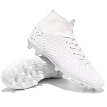 Imagem de Chuteiras de futebol masculinas, preto/branco, cano alto, leve, tênis esportivo para meninos grandes, Branco, 39