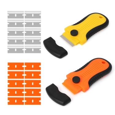 Imagem de DEPOTA Pacote com 2 raspadores de lâmina de barbear com tampa de segurança, raspador de fogão de vidro com 10 lâminas extras de plástico e 10 lâminas de metal para tinta limpa de vidro e removedor de