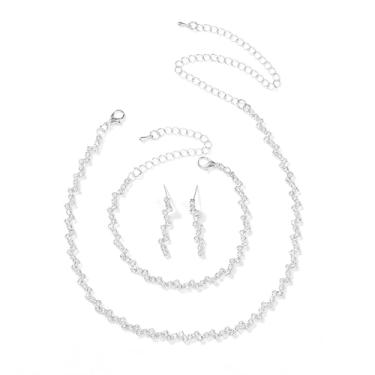 Imagem de Conjunto Colar Brinco Pulseira Choker Gargantilha Zigzag Zircônia Cúbica Prateado- Casamento Festa Formatura Debutante - Presente Noiva Namorada Mãe - Brilhante Minimalista