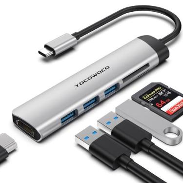 Imagem de Hub USB C YOCOWOCO 6 em 1 com 4K HDMI, 3 USB 3.0, leitor de cartão SD/