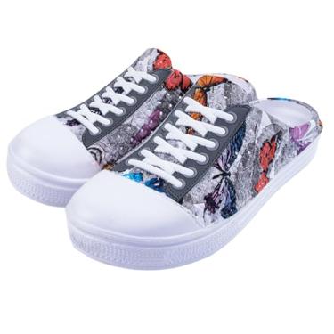 Imagem de TANTANC Pantufas femininas para jardim, com orifício de malha, respirável, verão, para uso interno/externo, praia, chuveiro, calçados aquáticos, Cinza borboleta 1, 37/38 BR