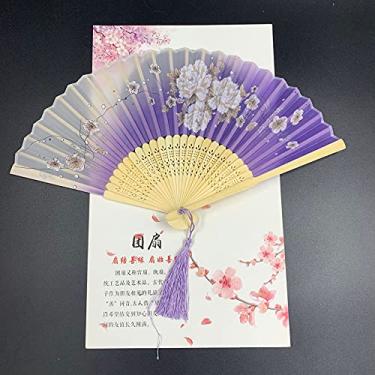 Imagem de HSYHKDSY Ventilador de mão dobrável estilo vintage seda mão dobrável ventilador de madeira bambu ventilador chinês japonês padrão arte artesanato presente dança ventilador dobrável (29 A)