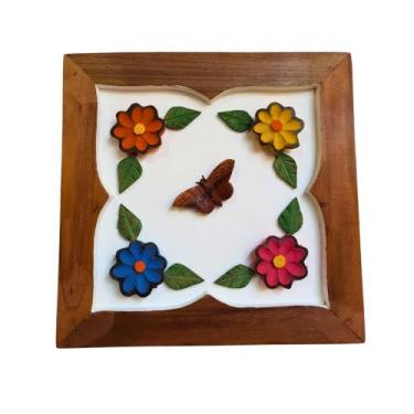 Imagem de Quadro Mandala de Borboleta em Madeira 24x24 cm Moldura Trabalhada Alt