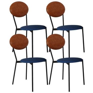 Imagem de Kit 04 Cadeiras Estofada Para Sala De Jantar Azuri Preto C01 Linho Azul Courino Caramelo - Lyam Decor