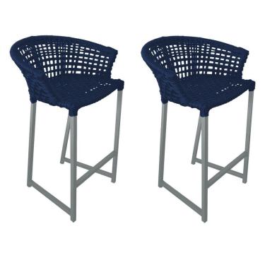 Imagem de Kit 2 Banquetas Reis Em Corda Náutica E Base Em Alumínio Cinza Para área Gourmet Azul Marinho Azul