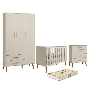 Imagem de Dormitório Infantil Isis Guarda Roupa 3 Portas, Cômoda E Berço Areia Com Colchão D18 - Reller Móveis Areia