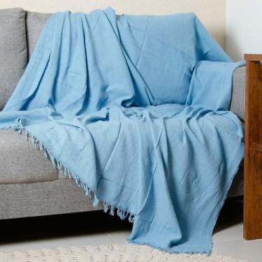 Imagem de Manta para Sofá King 300cm x 180cm – Decoração de Sala Protetora e Decorativa em 100% Algodão com Franjas (Azul Bebê (3,00M x 1,80M))