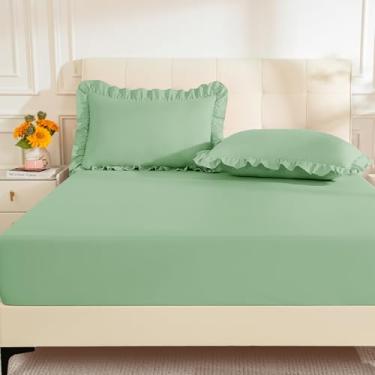 Imagem de KKJIAF Lençol de solteiro com 1 fronha de babado, microfibra escovada com bolso profundo de 40,6 cm, lençóis de cama respiráveis confortáveis, verde-sálvia (sem lençol de cima)