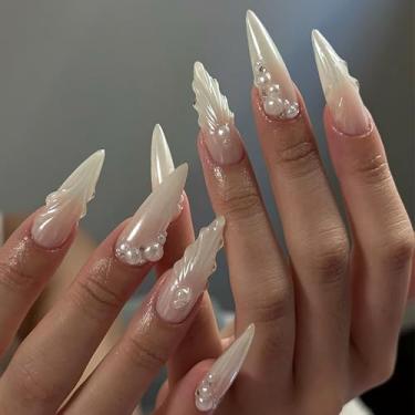 Imagem de RIICFDD 24 unhas, unhas postiças de amêndoa, pregos brancos puros, pregos 3D, cola, strass, pérola, berloques, cobertura total, unhas postiças brilhantes para mulheres, unhas de acrílico