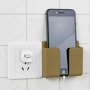 Imagem de 4 peças de suporte de telefone montado na parede, suporte de telefone com autoadesivo, armazenamento para controle remoto de TV e ar condicionado (marrom, 4 peças)