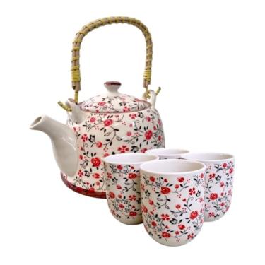 Imagem de Bule de Chá em Porcelana com Infusor e Alça de Madeira + 4 Copos 150ml – Jogo de Chá Floral Decorativo(Rosas Vermelhas)