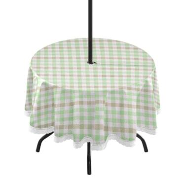 Imagem de Qilmy Toalha de mesa redonda impermeável padrão guingão de 152 cm com orifício para guarda-chuva e zíper – uso externo / interno resistente para pátio, churrascos, piqueniques, festas (serve para