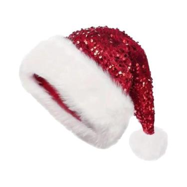 Imagem de Chapéu De Papai Noel Com Lantejoulas Brilhantes, Pelúcia De Cor Sólida