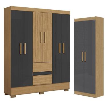 Imagem de Guarda Roupa Casal Coimbra 6 Portas 2 Gavetas MDP Atacama Grafite e Armário Multiuso Aramóveis