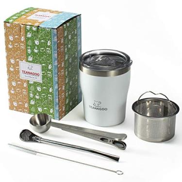 Imagem de Conjunto de copos e bomba Teanagoo Mate (cuia de erva mate) - conjunto de erva mate, cuia erva mate, P1, branco fosco, parede dupla 18/8 de aço inoxidável mate taza, 6 peças/embalagem, Bombilla Mate