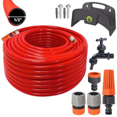 Imagem de Mangueira Jardim 25m + Esguicho C/Jato Regulável + Engate Rápido 1/2" + Bico Torneira + Torneira + Suporte | Ledmang