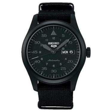 Imagem de Seiko Relógio automático masculino com mostrador preto e pulseira de aço inoxidável, Preto, Relógio automático