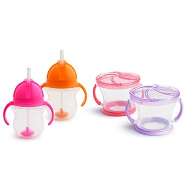 Imagem de Munchkin Copos infantis Happy Snacker e recipientes para lanche - Copo de treinamento de palha com peso de 198 g em qualquer ângulo e apanhadores de lanche de 255 g, roxo/rosa