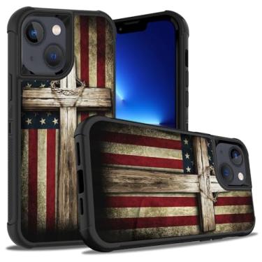 Imagem de ZXHSBROK Capa para iPhone 15, capa de proteção contra quedas de plástico rígido híbrido 3 em 1 e silicone macio à prova de choque para iPhone 15 (2023) 6,1 polegadas, bandeira americana cruz
