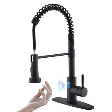 Imagem de OWOFAN Torneira de cozinha sem toque com pulverizador de puxar para baixo luz LED alça única torneira pia de cozinha sensor de movimento inteligente mãos-livres preto
