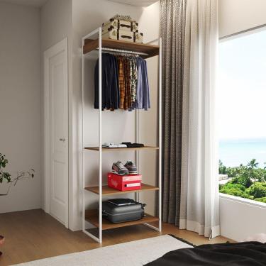 Imagem de Closet Modulado Estilo Industrial Solteiro Loft Amêndoa Cabideiro Ferro Branco 