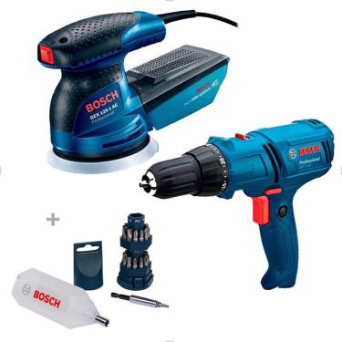 Imagem de Kit Parafusadeira GSR7-14E 220v e Lixadeira GEX125-1 AE + Jogo de Bits Bosch