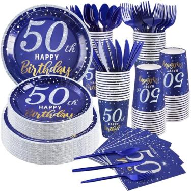Imagem de Artigos de festa de aniversário de 50 anos, pratos de papel descartáveis, guardanapos, copos, facas, colheres, garfos para homens, mulheres, azul marinho, 50 decorações de festa de aniversário, total