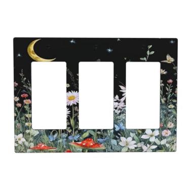 Imagem de Spshian Placa decorativa para interruptor de luz, preto, boho, floral, borboleta, flores silvestres, 3 gangs, placas de parede triplas, placas de interruptor GFCI e capas de tomada para decoração de