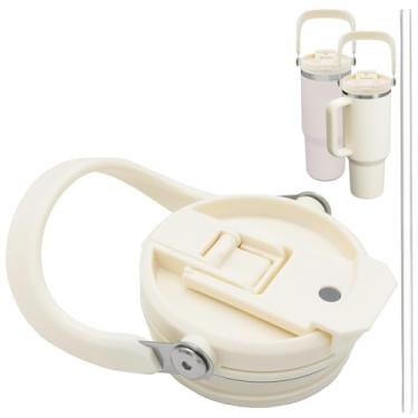 Imagem de Tampa flip de canudo de 1,134 g para copo de viagem Stanley Quencher copo de 1,134 g, tampa flip de substituição com canudo, fácil de transportar (branco creme)