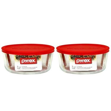 Imagem de Pyrex, Prato de armazenamento transparente com 7 xícaras e capa de plástico vermelha, pacote com 2 recipientes