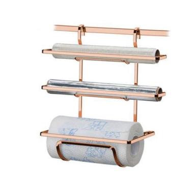 Imagem de Suporte Triplo Porta Rolo Papel Toalha Barra Cozinha Cobre Rose Gold -
