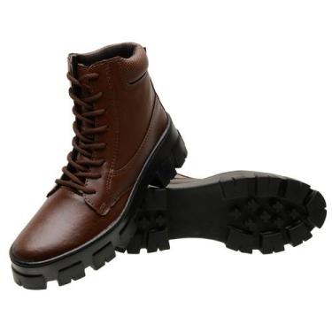 Imagem de Coturno Feminino Tratorada Bota Sola Alta Fechamento Cadarço Cano Curt