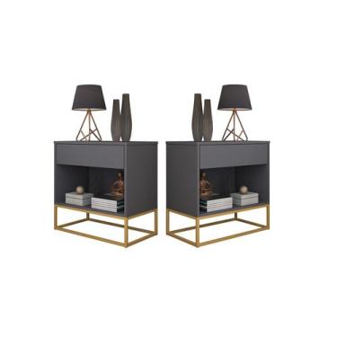 Imagem de Conjunto 2 Mesas de Cabeceira Malta Cinza com Base de Ferro Dourado - 