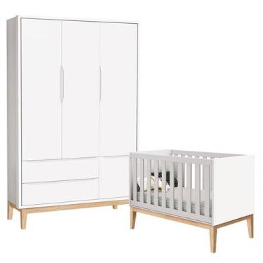 Imagem de Berço Americano e Guarda Roupa Classic 3 Portas Branco com Pés Madeira