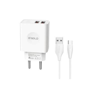 Imagem de Cabo e Tomada Carregador Turbo  2 USB 3.1A USB Tipo C - Gold, Branco