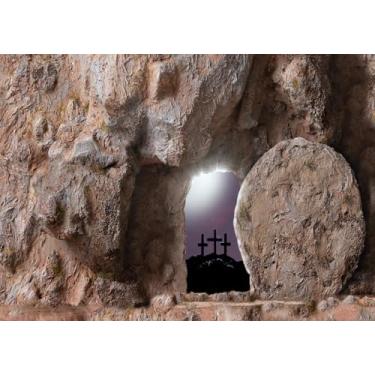 Imagem de Loccor 2,1 x 1,5 m Tecido Tumba Vazia Fundo Cruz Crucificação Pedra Buraco Luzes Sagradas Fundo Nascer do Sol Ressurreição de Jesus Cristo Decoração de Estúdio Dia da Páscoa