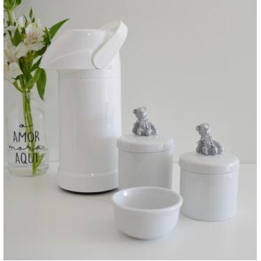 Imagem de kit Higiene Bebê Potes K022 Cotonete Prata Algodão Limpeza Porcelana M