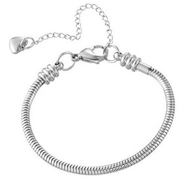 Imagem de TGLS Pulseira com pingente europeu de aço inoxidável de 3 mm, pulseira de corrente de cobra para mulheres e meninas, serve para berloques padrão de 18 cm, Aço inoxidável Prata esterlina