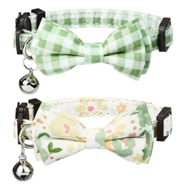Imagem de G-ficu Pacote com 2 colares para gatos com lindo pingente de sino, colares xadrez de flores para meninas, meninos, gatos, gatinhos com fivela de segurança ajustável - verde