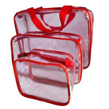 Imagem de Kit com 3 necessaires com 3 tamanhos diferentes Transparente  VERMELHA