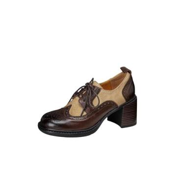 Imagem de TinaCus Mocassim Oxford feminino feito à mão em dois tons de couro genuíno com cadarço bico redondo bico redondo, Marrom, 37