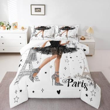 Imagem de Manfei Conjunto de edredom Paris, solteiro, moderno, bailarina, decoração de quarto de princesa, Torre Eiffel, edredom leve, 1 fronha