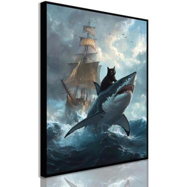 Imagem de Desenho animado fofo gato preto arte de parede retrô gato preto vs tubarão decoração de parede engraçado gato peculiar impressão animal renascentista pintura em tela para quarto quarto sala de estar