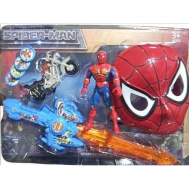 Imagem de Kit Brinquedo infantil Super Herois Spiderman Boneco + Moto + Máscara e Espada Musical e luz Lança Disco Personagem Homem-aranha.