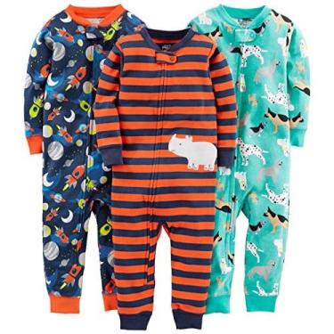 Imagem de Simple Joys by Carter's Baby Boys' Snug-Fit Pijamas de algodão sem pés, Pack of 3, Orange / Navy / Teal Blue, Cães / Espaço, 24 Meses