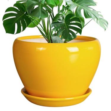 Imagem de Ceramicfor Vaso de cerâmica - Vaso de 25,4 cm para plantas internas e externas, esmalte, moderno, redondo, com orifício de drenagem e pires para jardim, escritório, casa, quarto, pátio, decoração