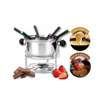 Imagem de Kit Fondue Completo em Aço Inox, 1L, 6 Garfos Coloridos, Suporte e Queimador, Serve Até 6 pessoas por Porção.